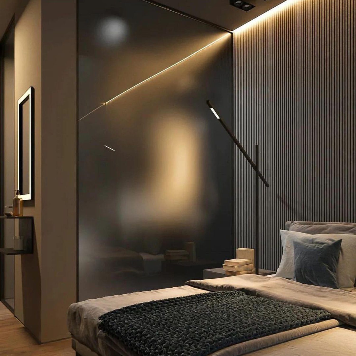 Contemporary minimalist bedroom design with subtle lighting