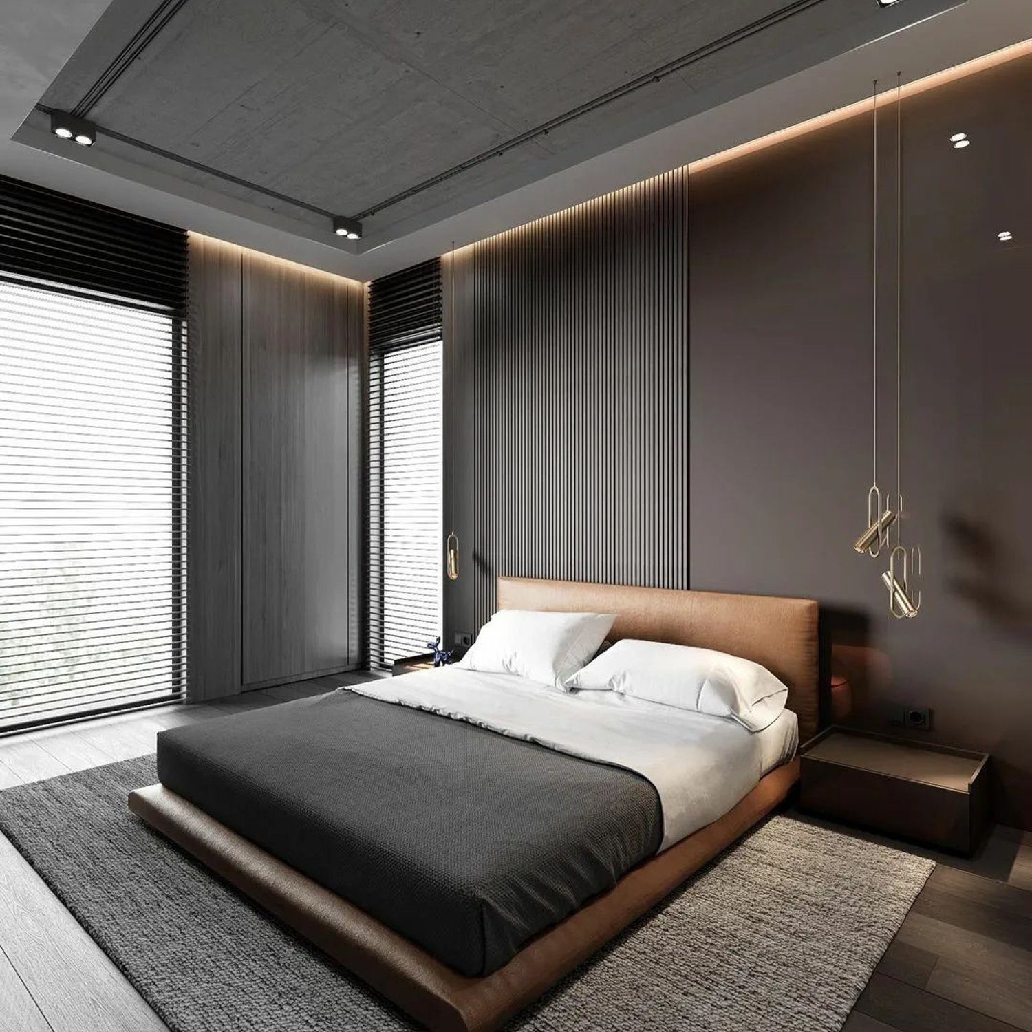 Elegant modern bedroom with sophisticated lighting