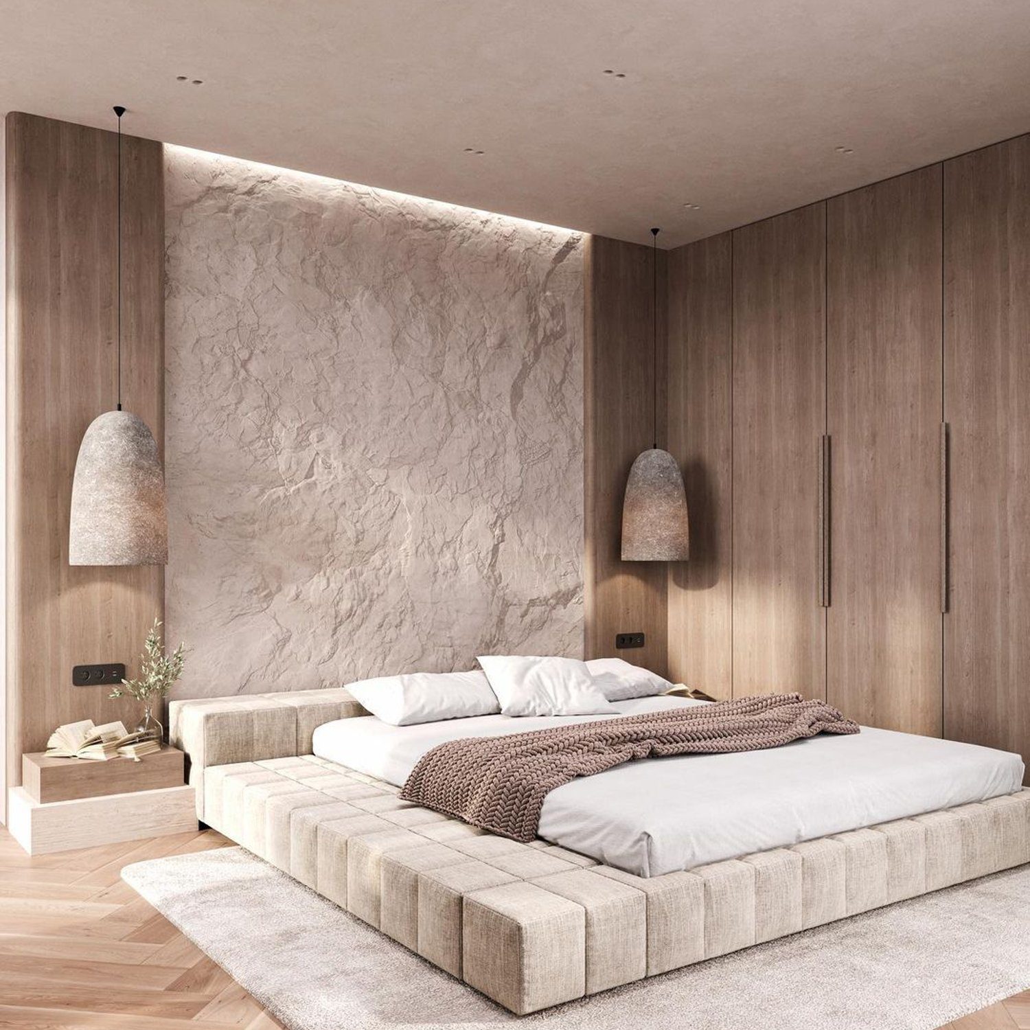 Modern and minimalist bedroom with warm wooden accents