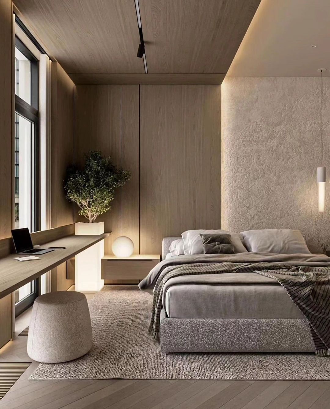 A harmoniously designed bedroom featuring a blend of modern and natural elements