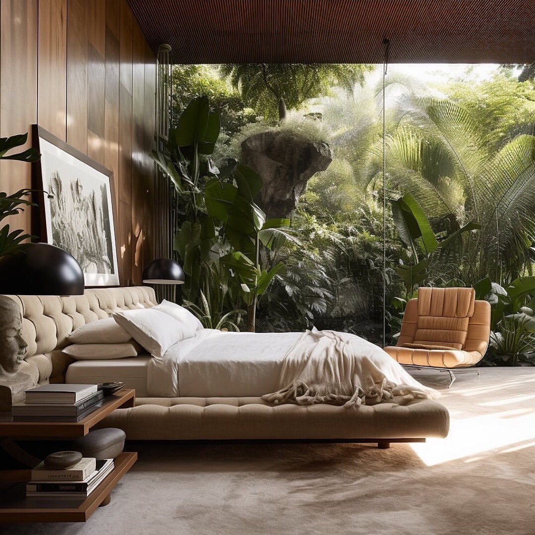 A lush tropical view outside a modern bedroom