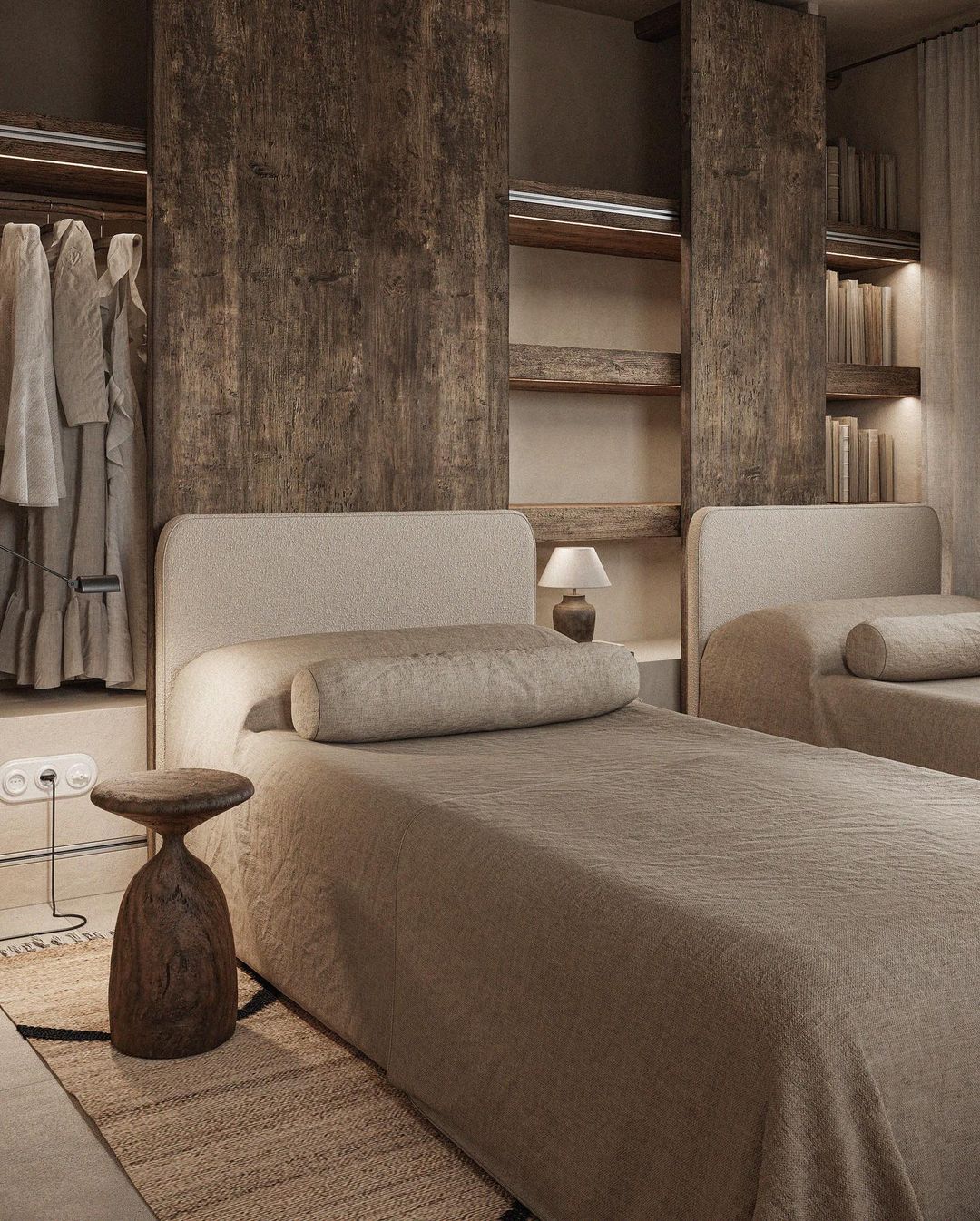 A contemporary bedroom with rustic charm featuring weathered wooden beams, a cozy beige bedspread, and built-in bookshelves.