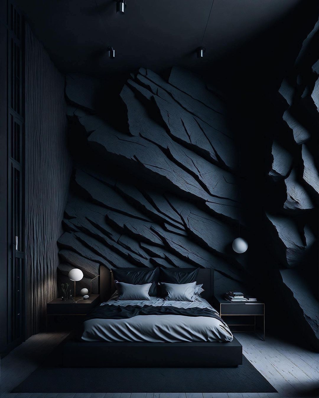 A modern bedroom featuring a sculptural textured wall that mimics rocky terrain, providing a dramatic backdrop for the minimalist bed and sleek side furnishings.