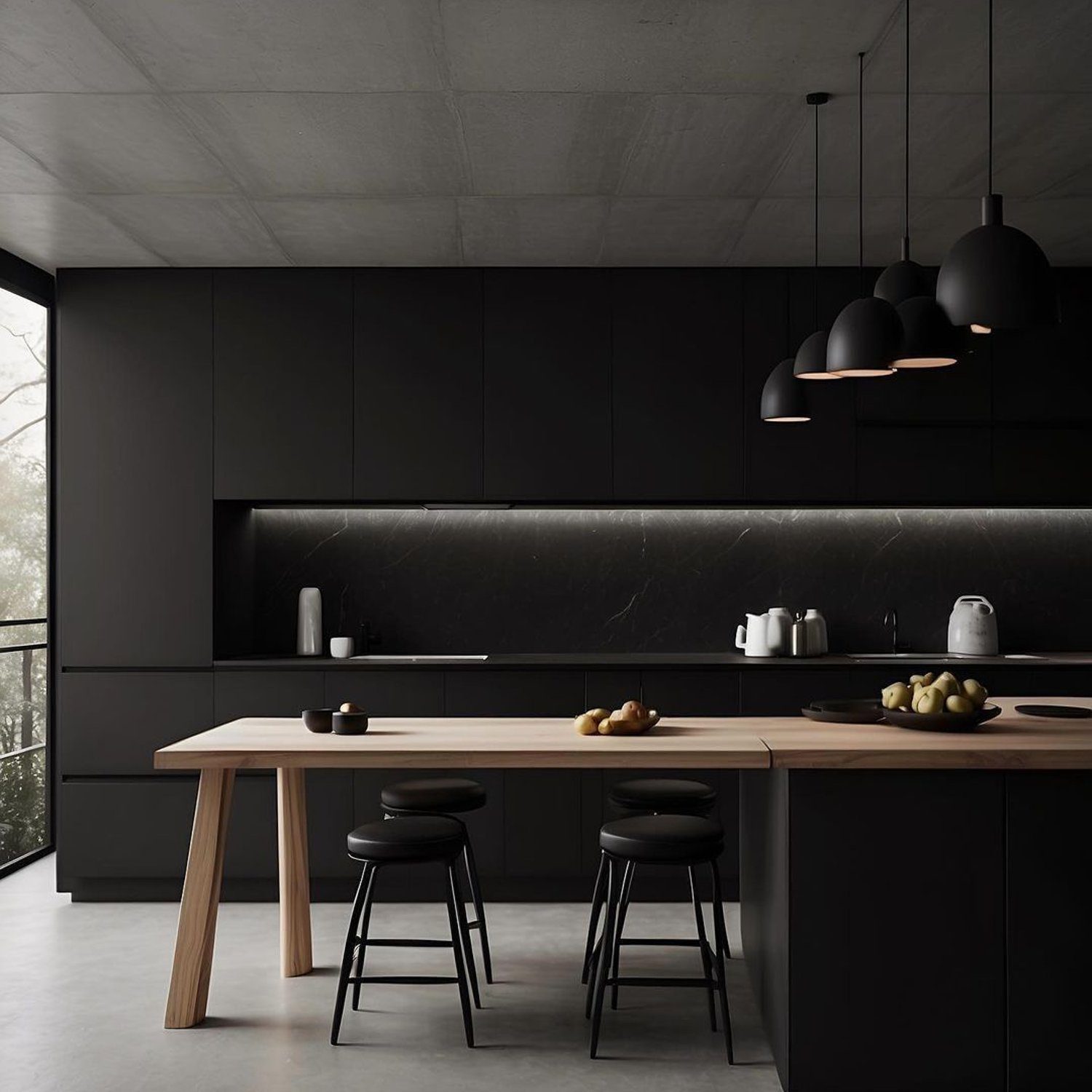 A minimalist kitchen with sleek black cabinetry