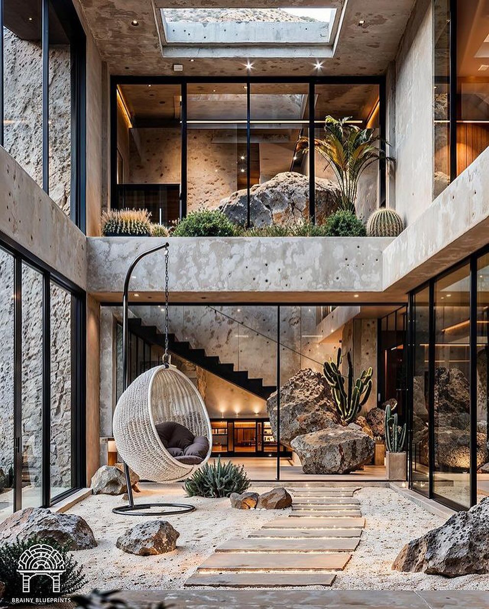 A modern house courtyard featuring natural stone formations and a hanging egg chair