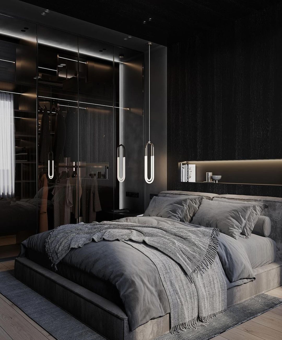 A modern bedroom featuring dark hues, providing a cozy and sophisticated ambiance