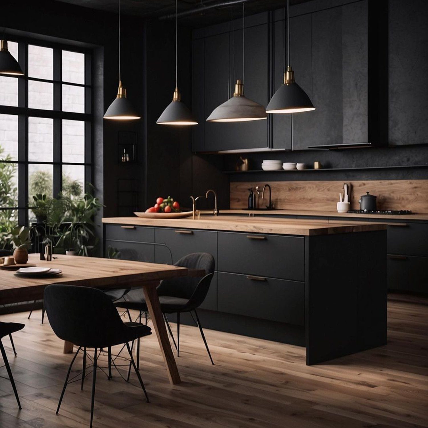 A modern kitchen with dark tones and wooden accents