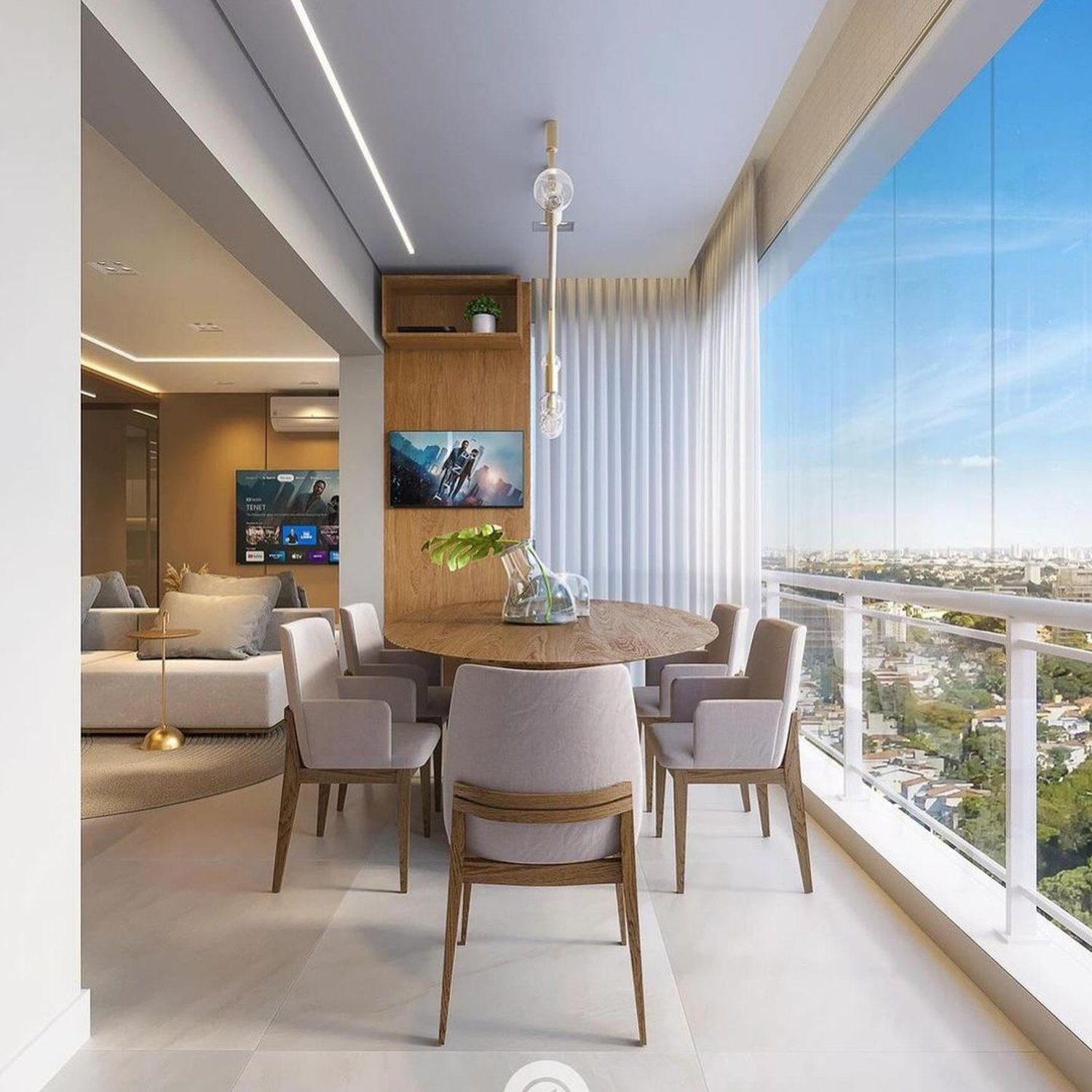 A modern high-rise dining room with floor-to-ceiling windows