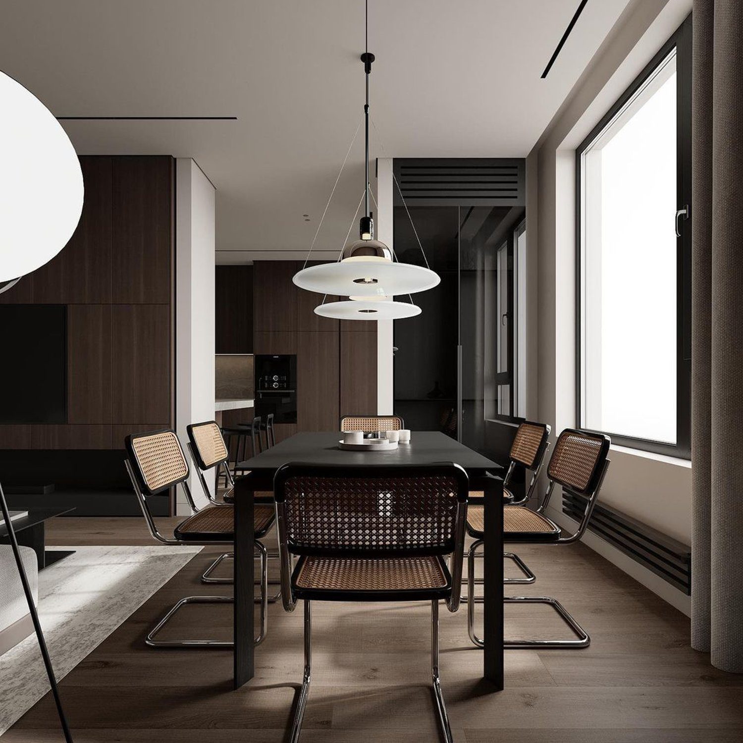 Minimalist Dining Room with Statement Lighting