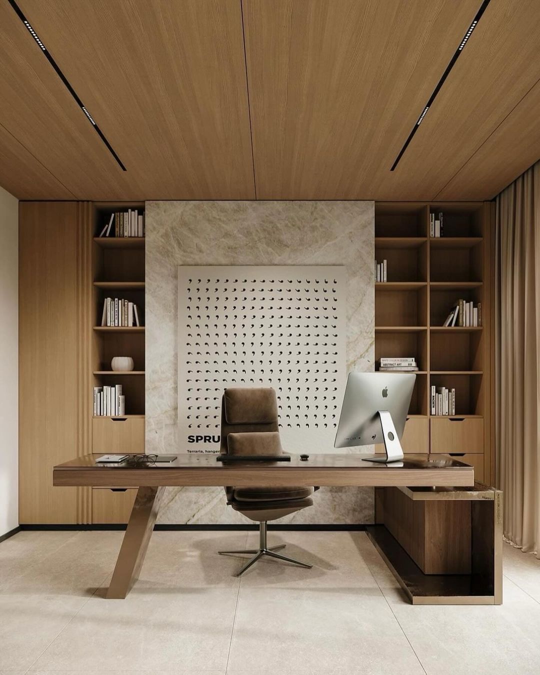 Modern and streamlined office space with a wooden desk and chair set