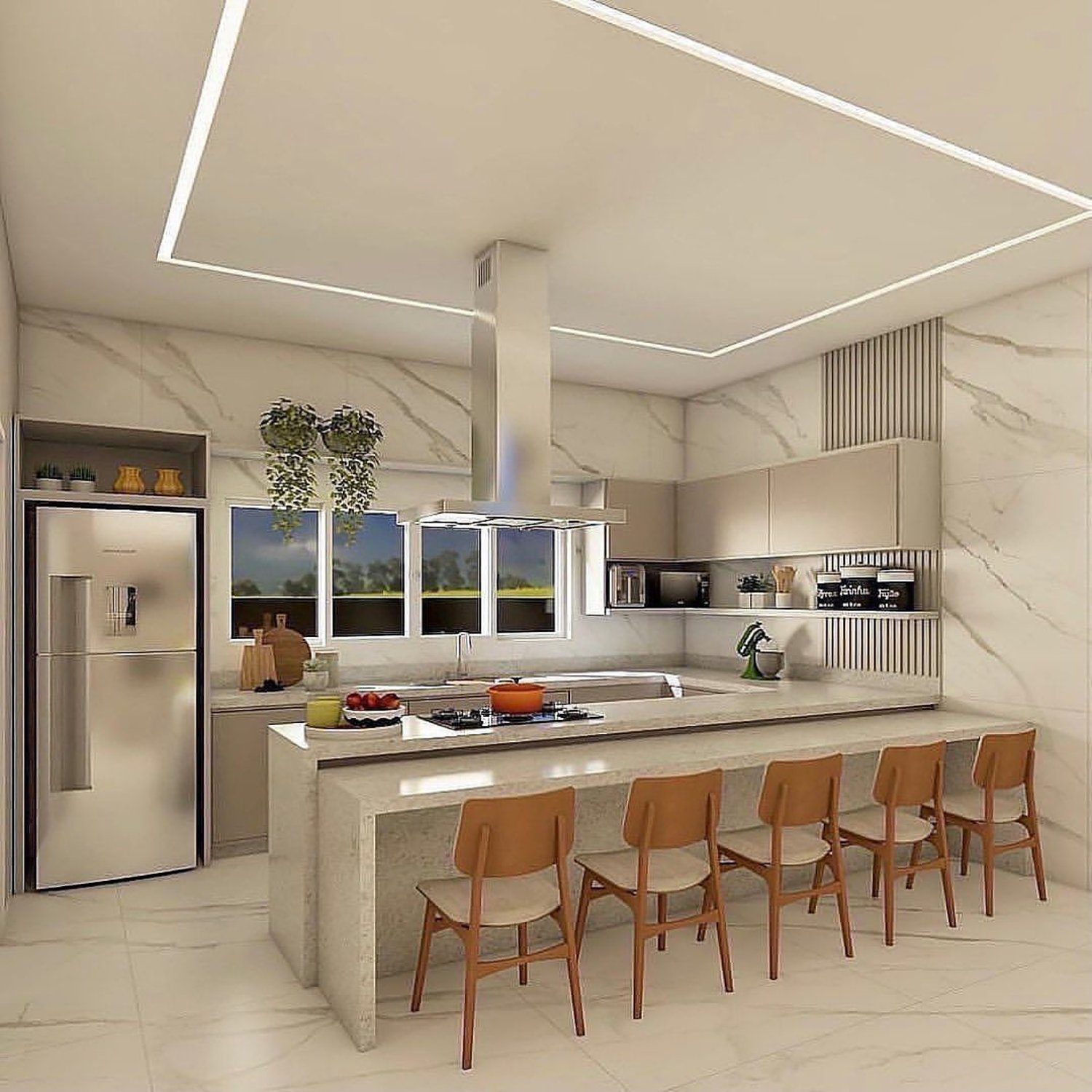 Modern and stylish kitchen with marble textures and integrated appliances