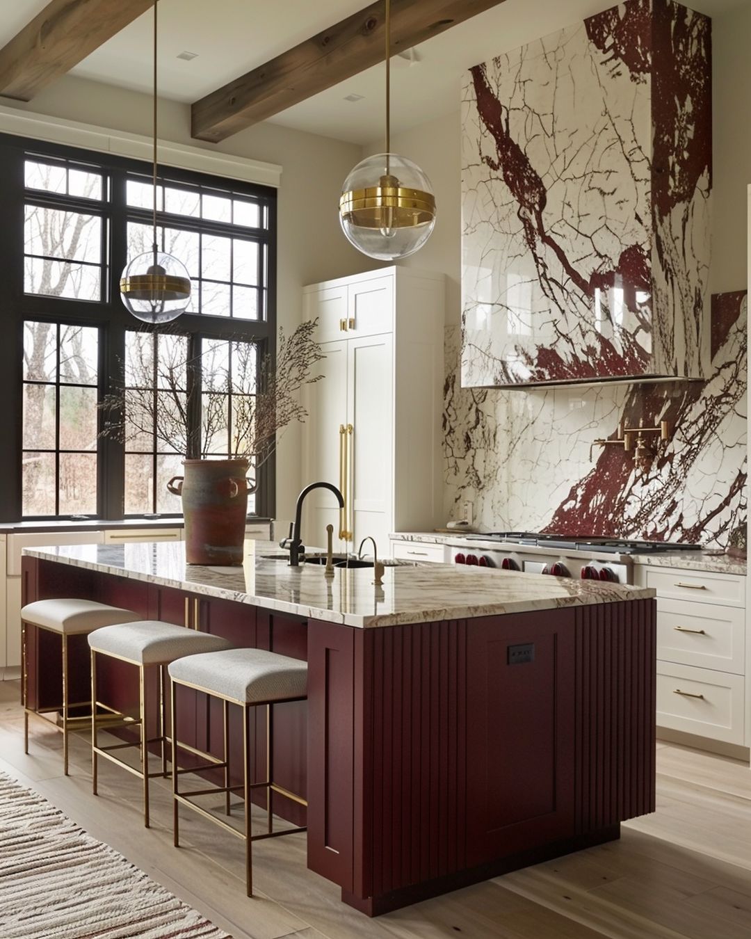 A contemporary kitchen space with exposed beams, bold burgundy island, and striking marble backsplash