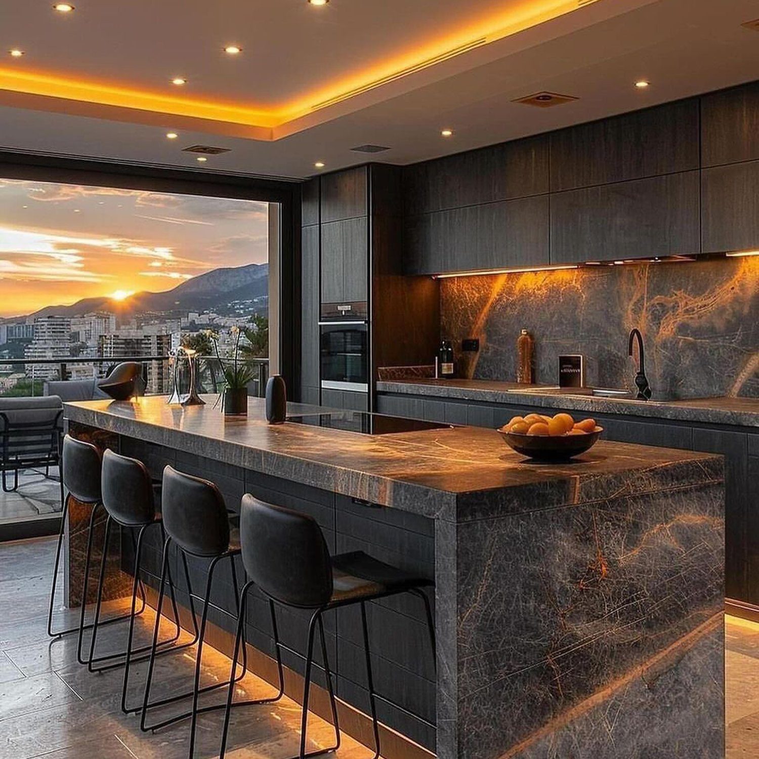 Modern high-end kitchen with sunset view