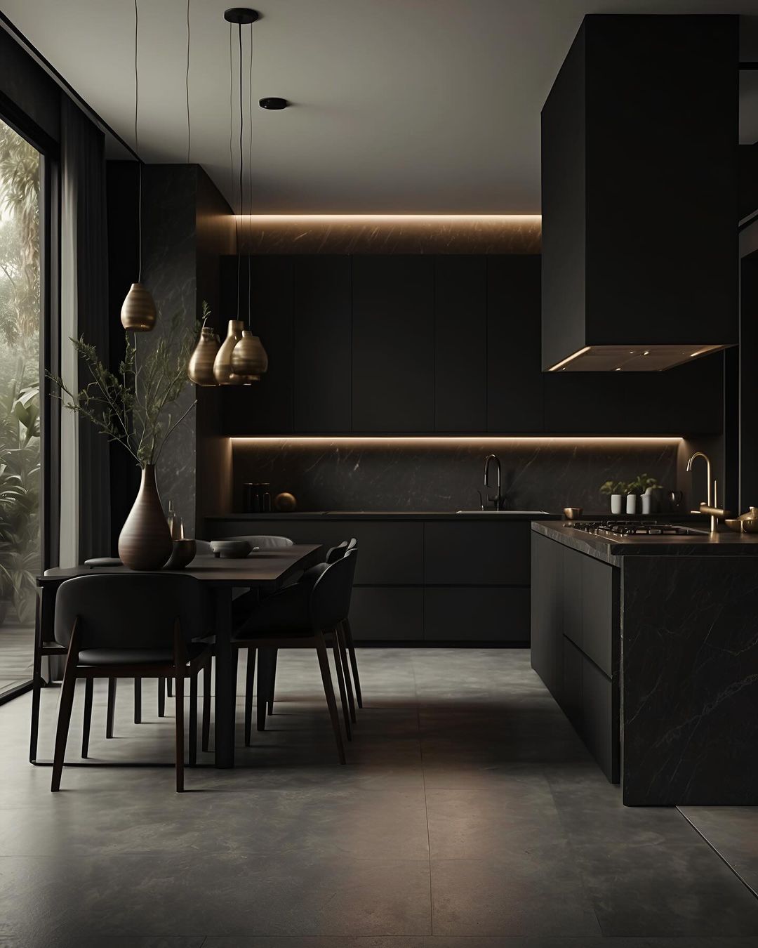 A sleek modern kitchen featuring deep-toned cabinetry and marble accents