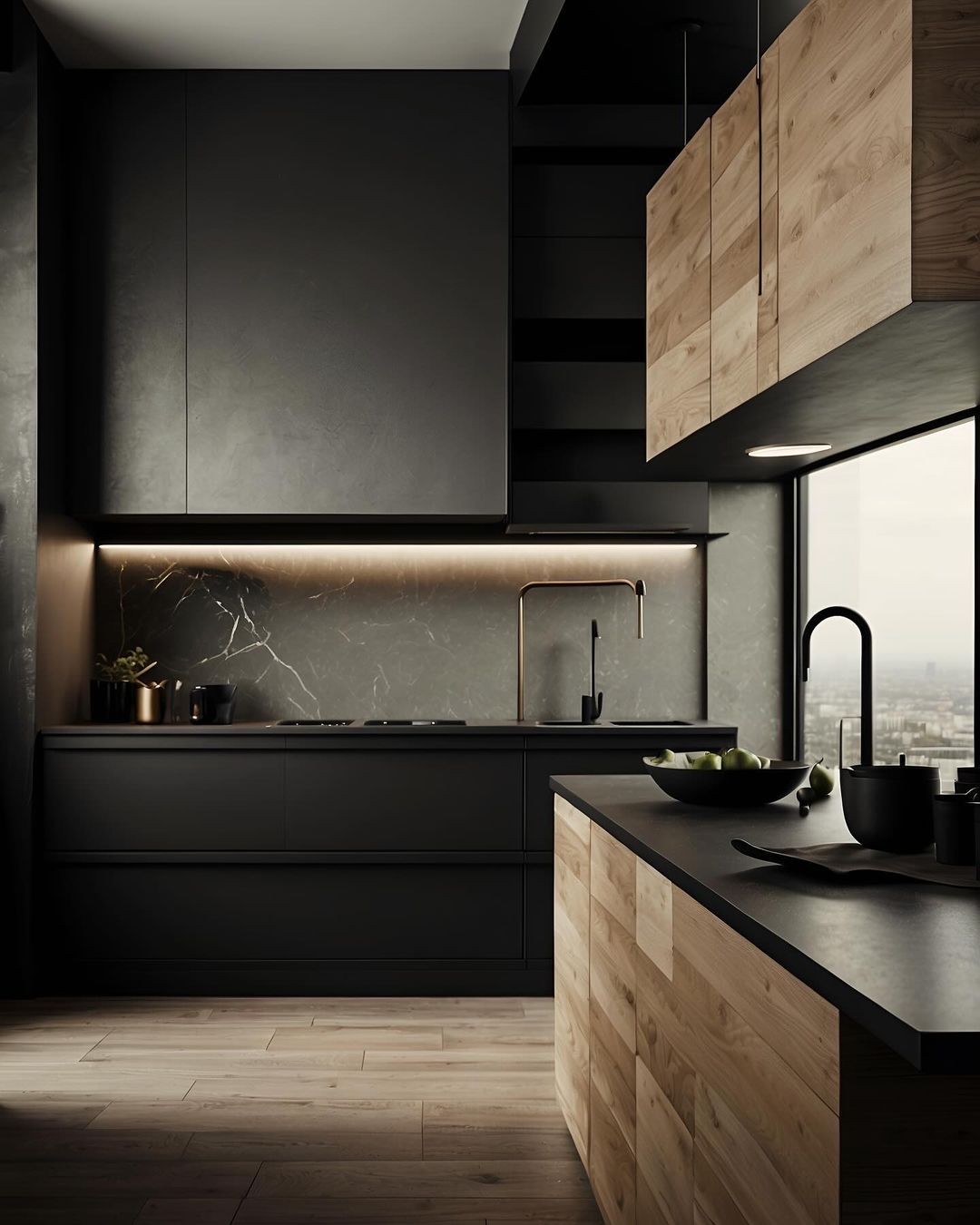 Contemporary kitchen design with dark tones and wooden accents