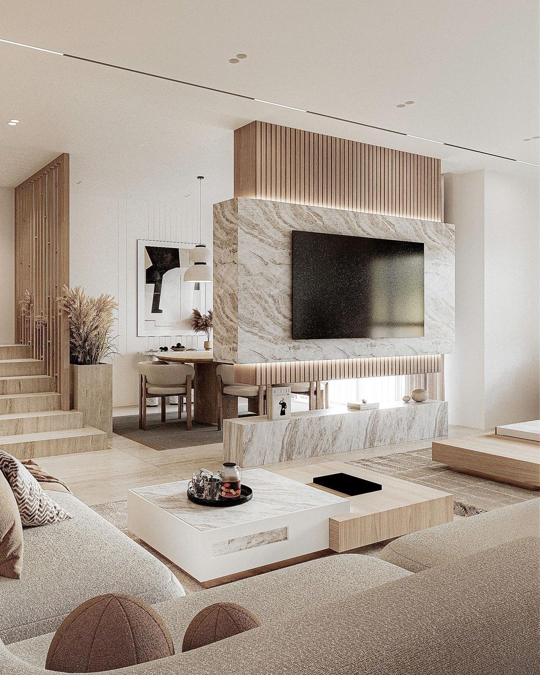 A contemporary living room with a blend of natural textures