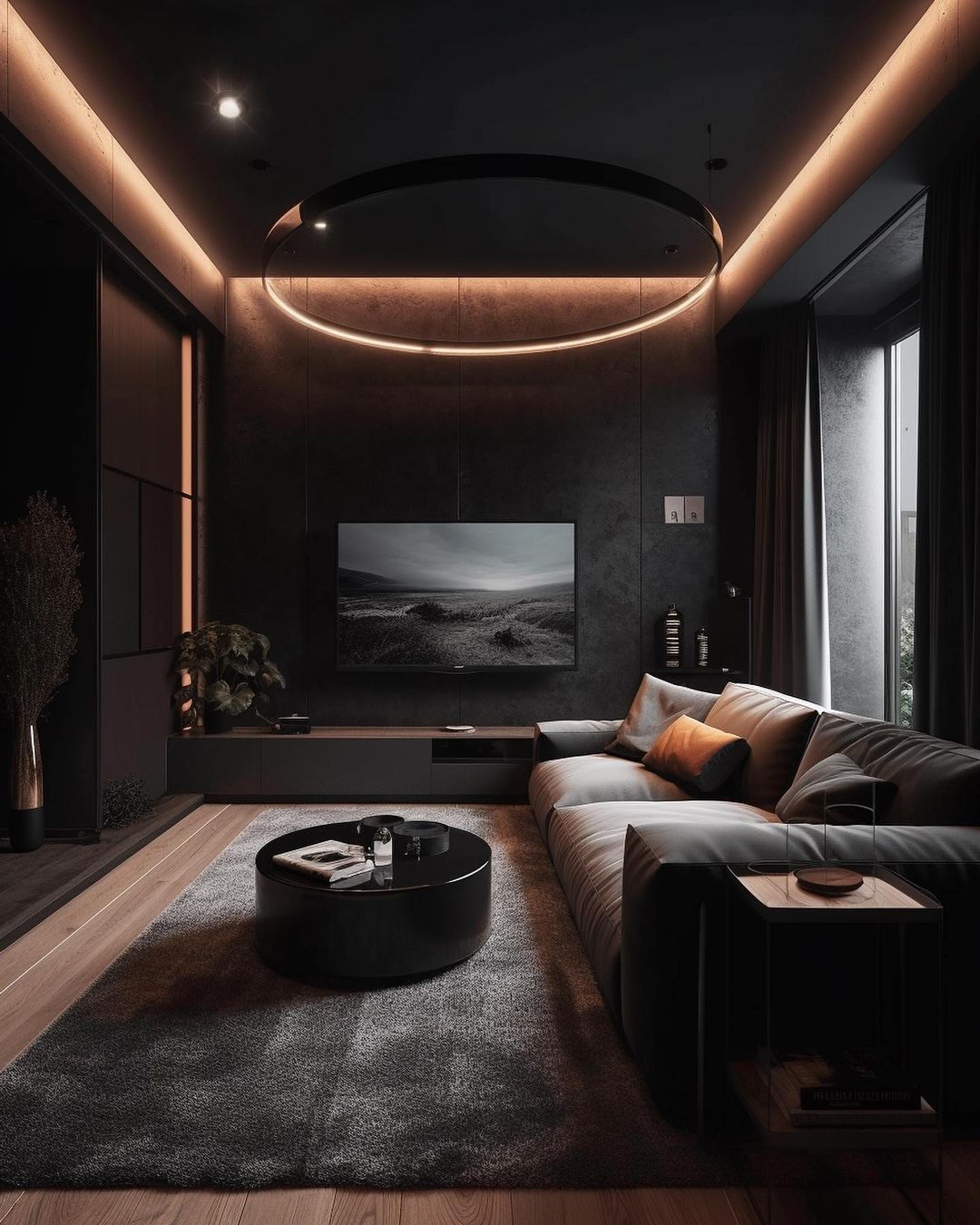 A contemporary living room with a minimalist design featuring sleek furniture and modern lighting