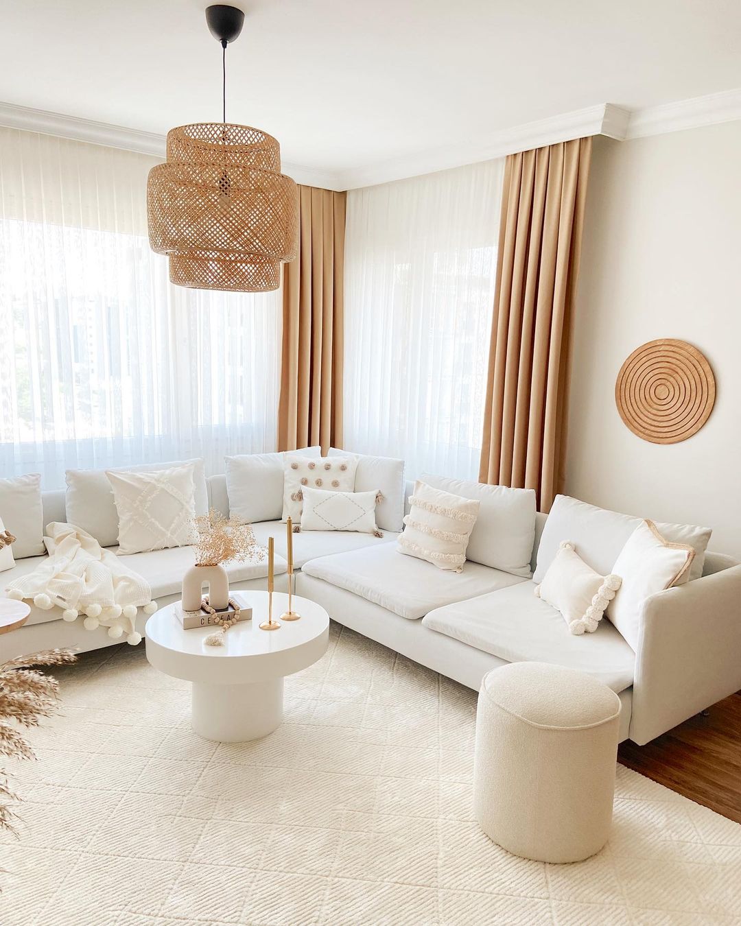 A harmonious blend of textures and neutral tones in a living room