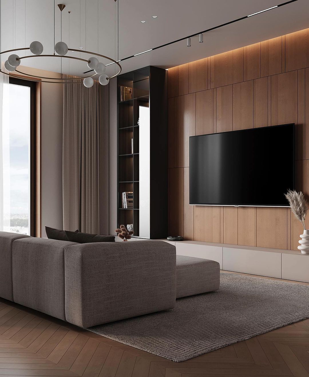 A modern living room featuring wooden paneling and sleek design