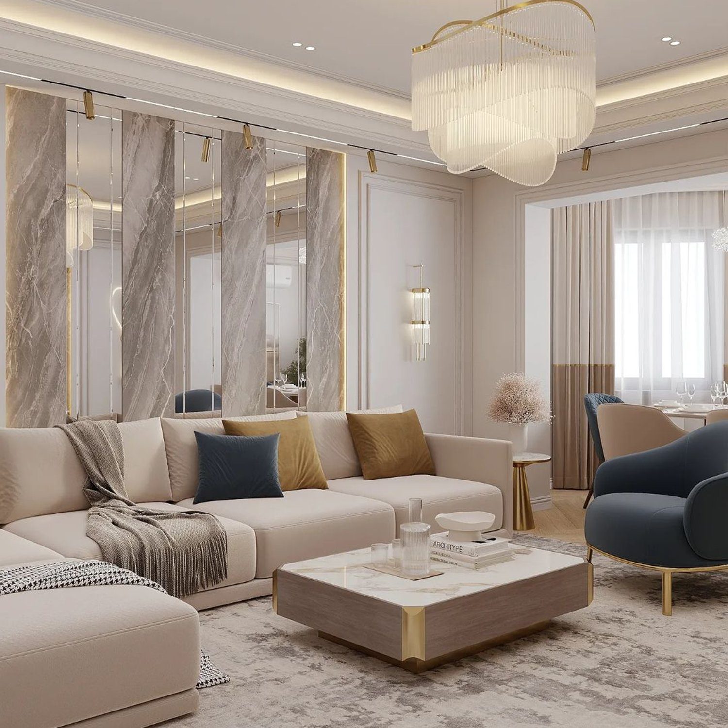 Elegant and contemporary living room design with a harmonious blend of neutral tones and luxurious textures.