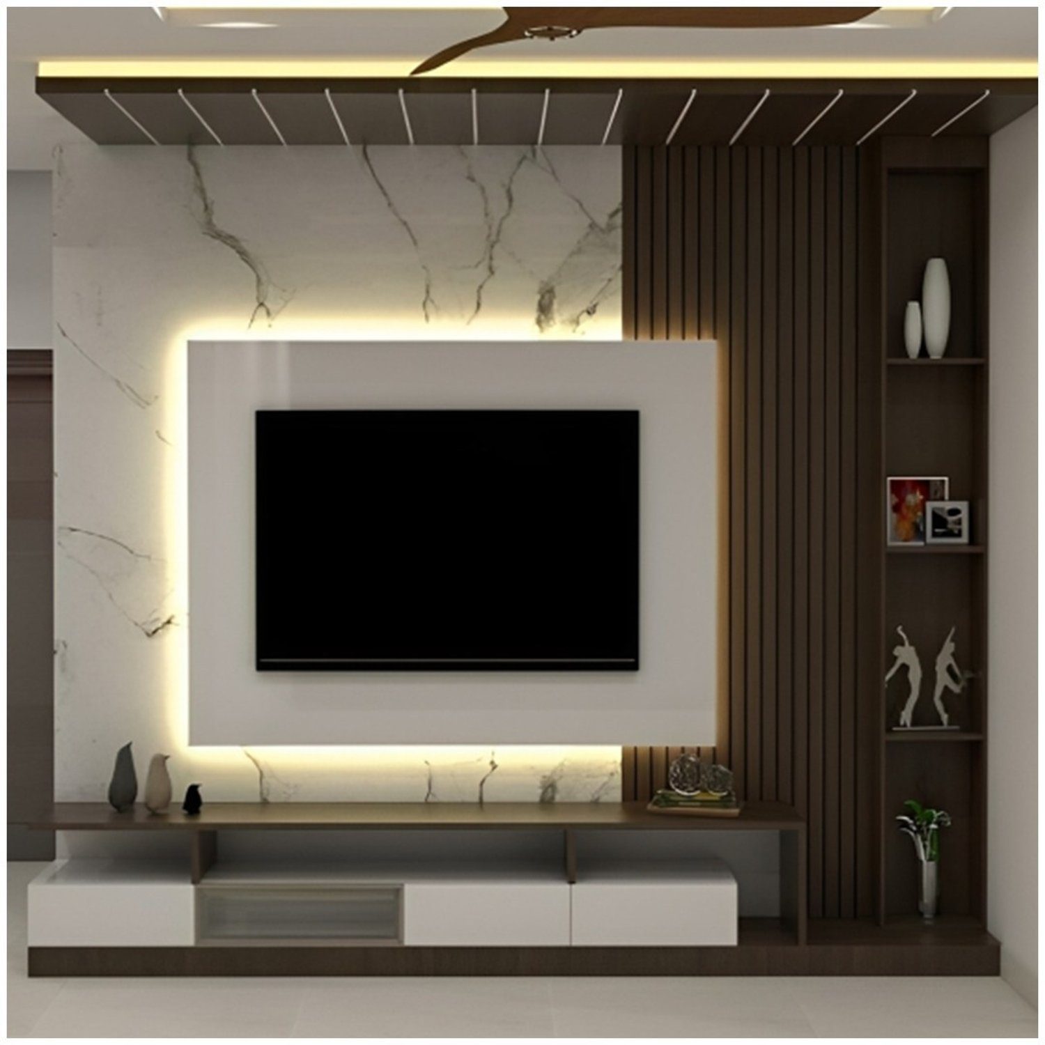 Contemporary living room wall with a mounted flat-screen TV