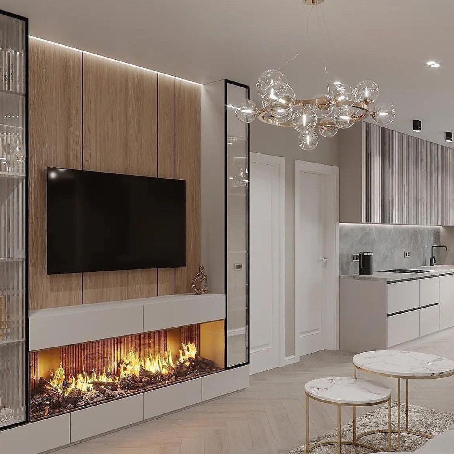 A chic contemporary living room featuring a sleek built-in fireplace, an elegantly wall-mounted TV, and a luxurious marble kitchen peeking from the side.