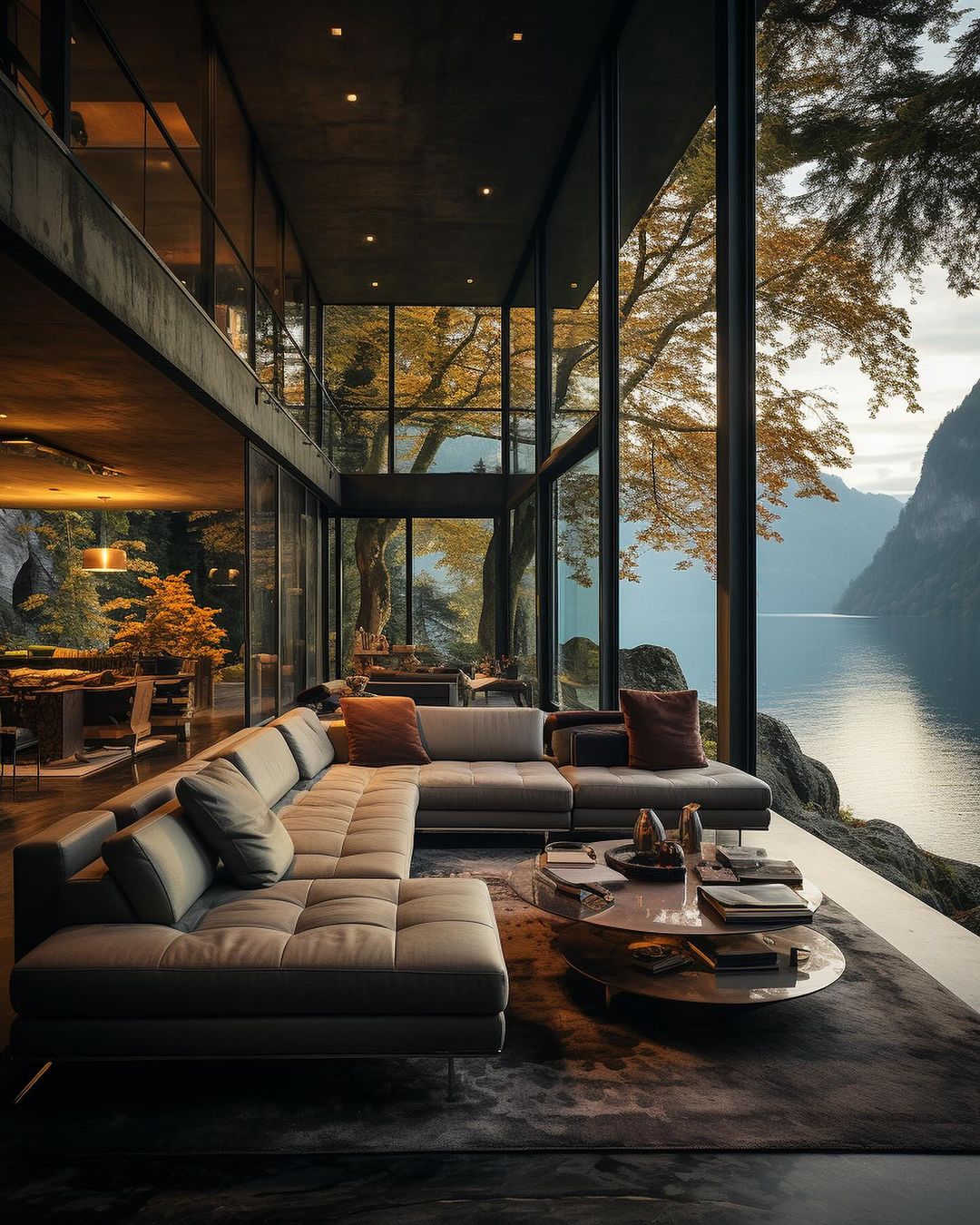 Contemporary living room with lake view