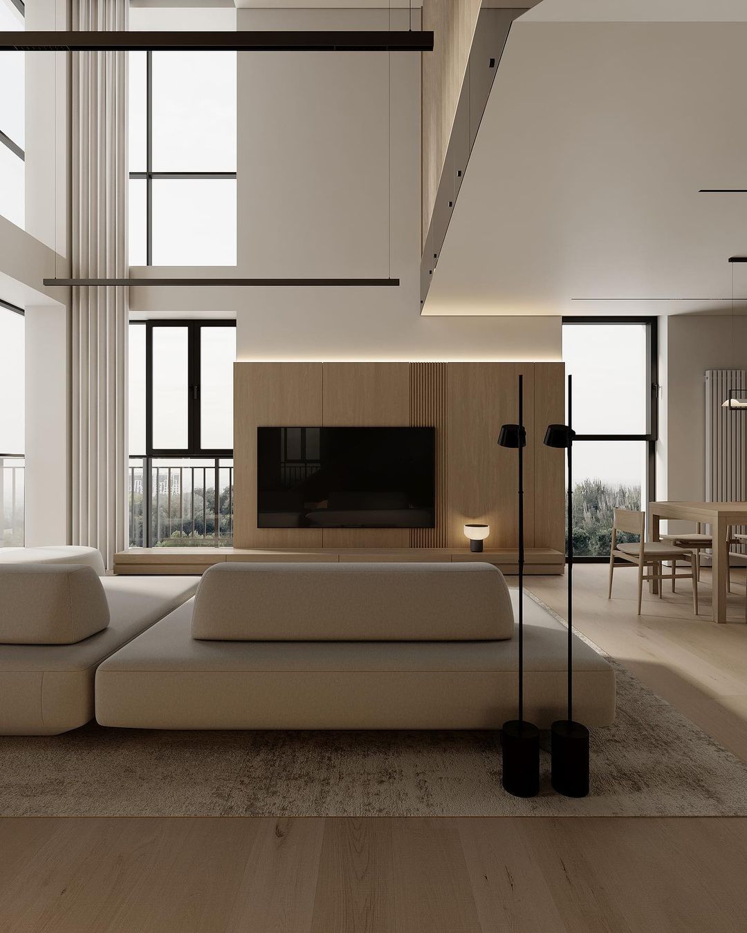 Contemporary minimalist living room with large windows