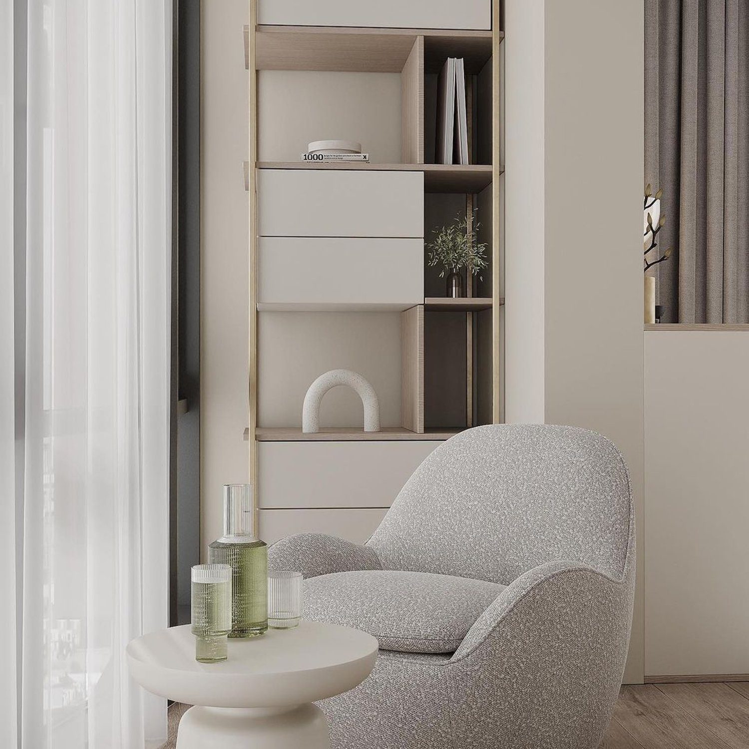 A modern cozy corner featuring a plush armchair and chic shelving