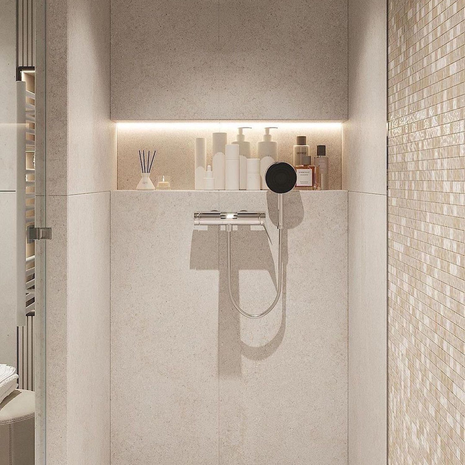 Modern and minimalist shower space with accent lighting