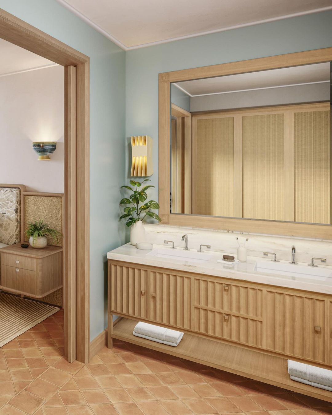 A serene and modern bathroom infused with warm wooden accents and terracotta tiles