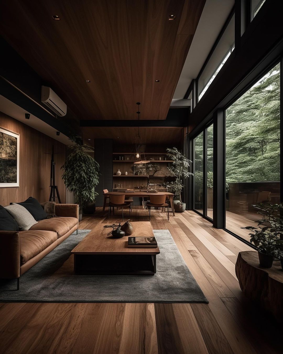 Contemporary wooden living room with large windows overlooking a forest