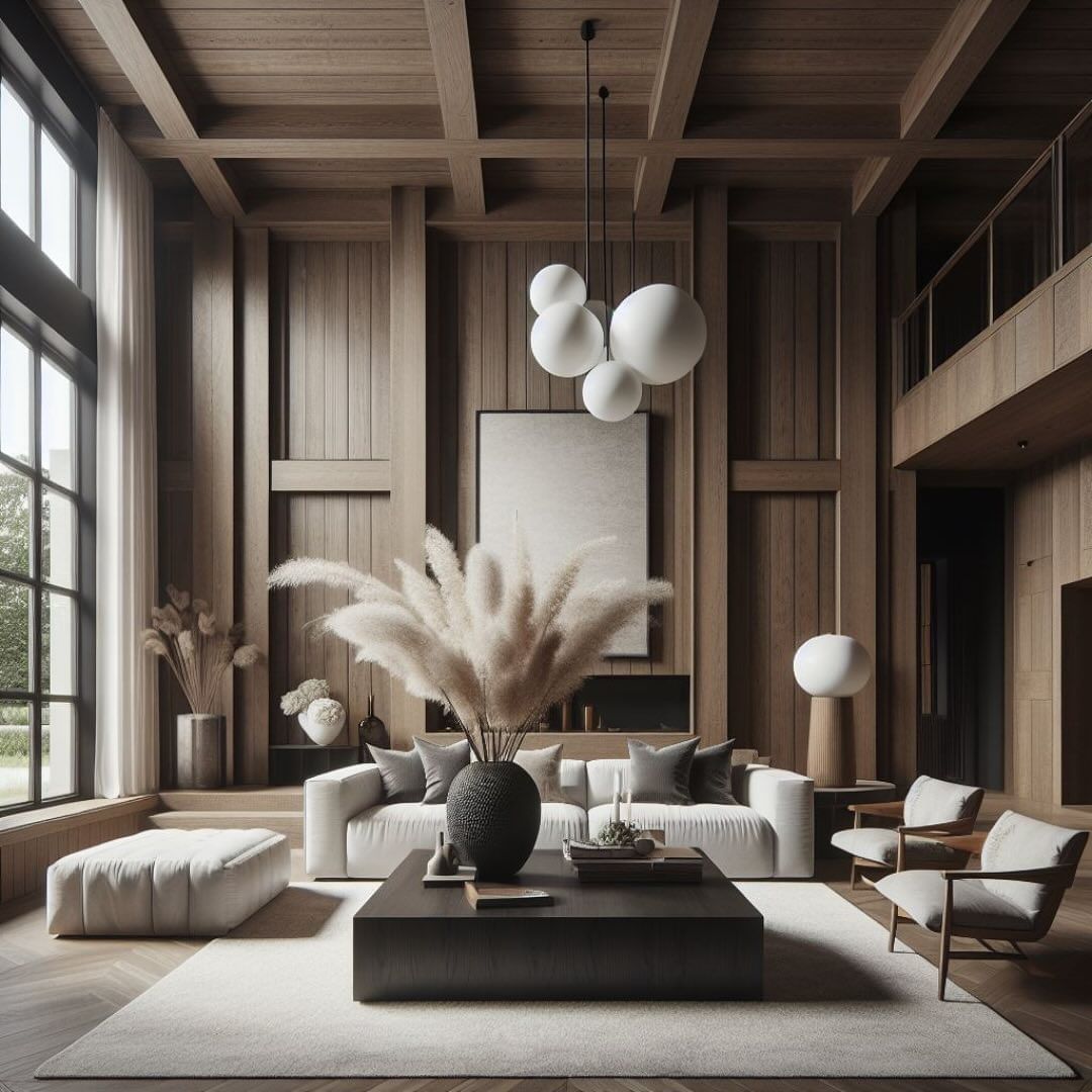 A warm and inviting living space, featuring natural wooden textures and modern, minimalist aesthetics.