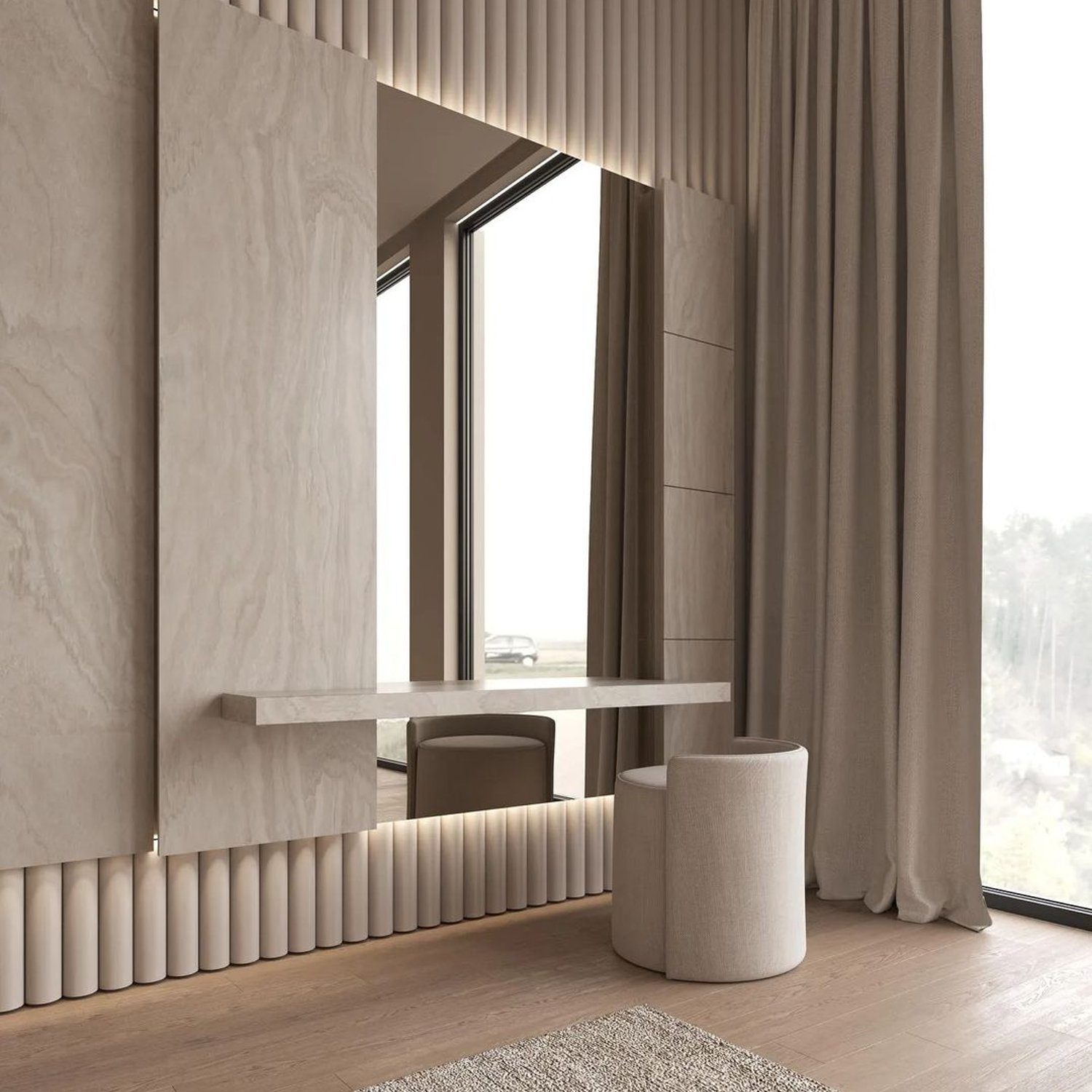 A serene and modern workspace featuring a minimalistic marble floating desk, a matching sculptural chair, and full-length draped curtains, framed by a large window overlooking a tranquil forest view