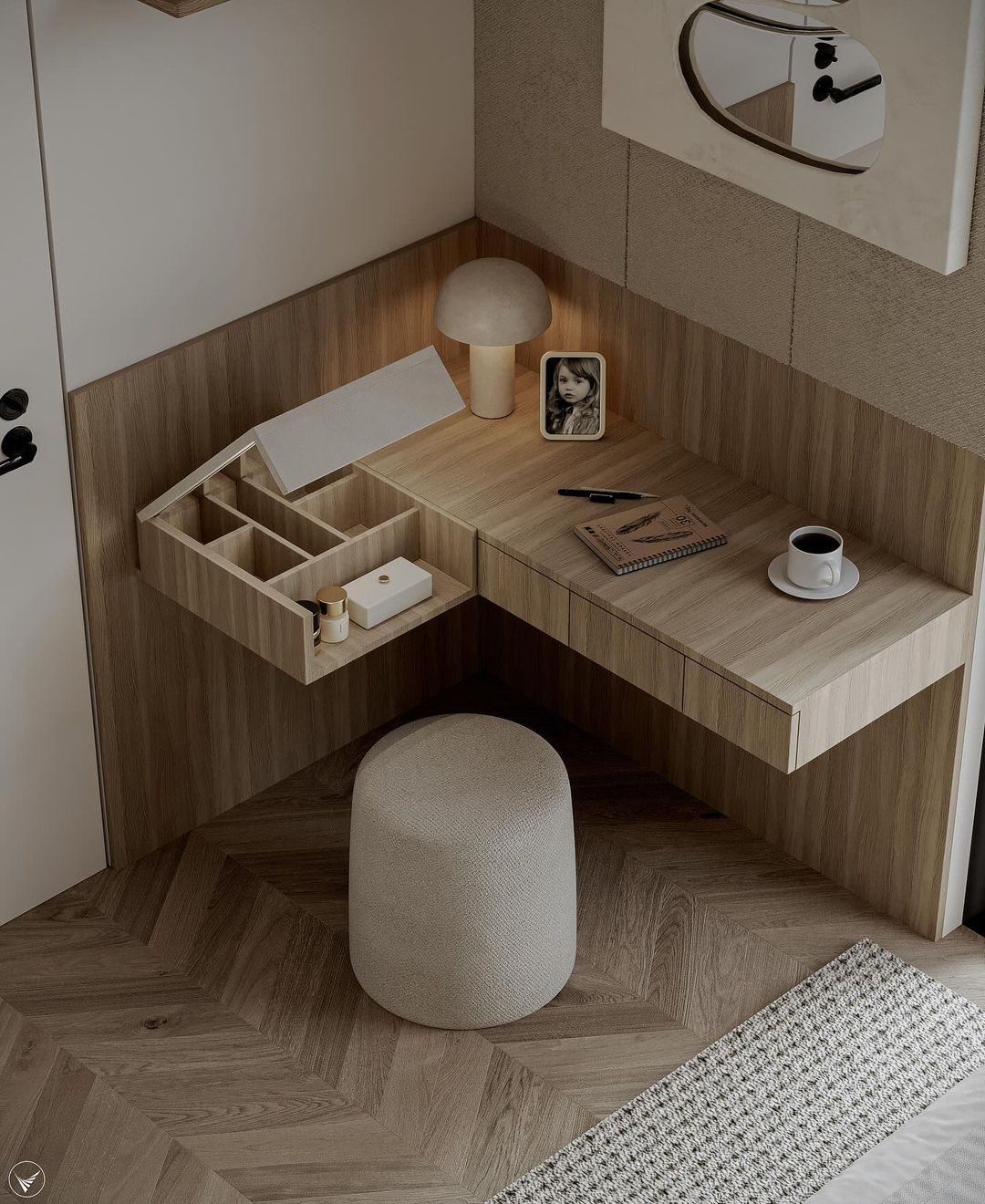 A modern and minimalist corner desk setup with wood textures and neat organization