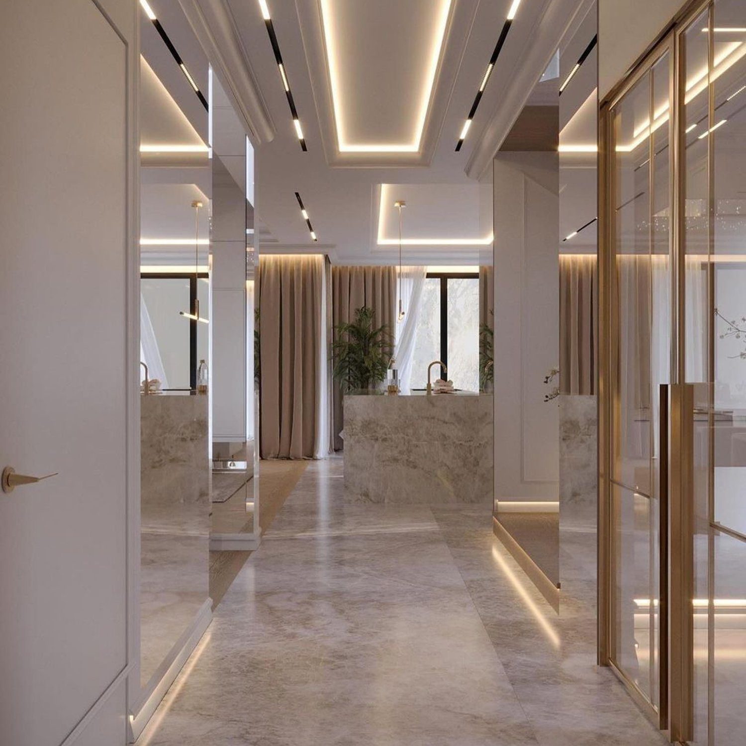 Elegant modern corridor with refined marble floors and sophisticated LED lighting