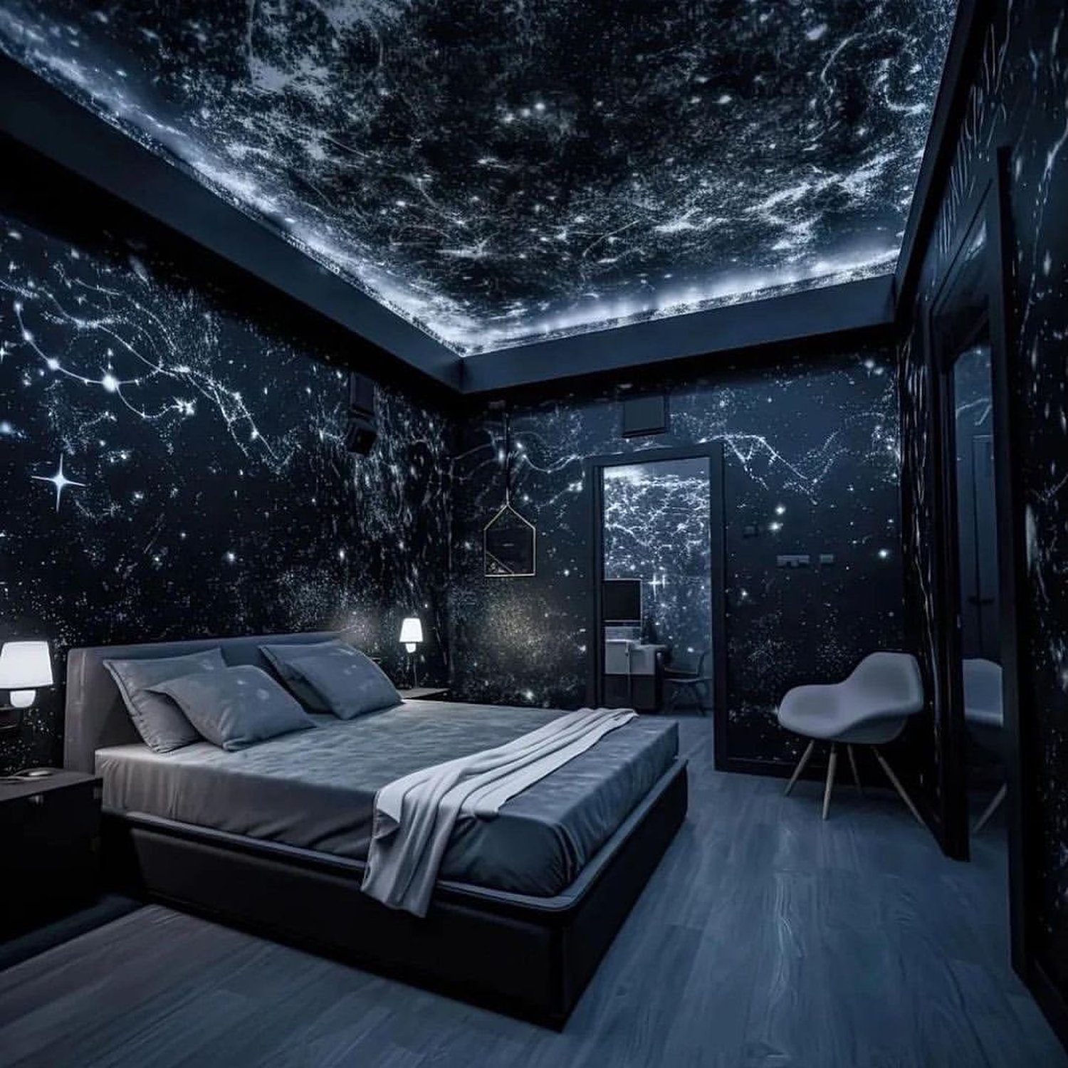 A bedroom designed with a cosmic theme featuring walls and ceiling adorned with a starry galaxy mural