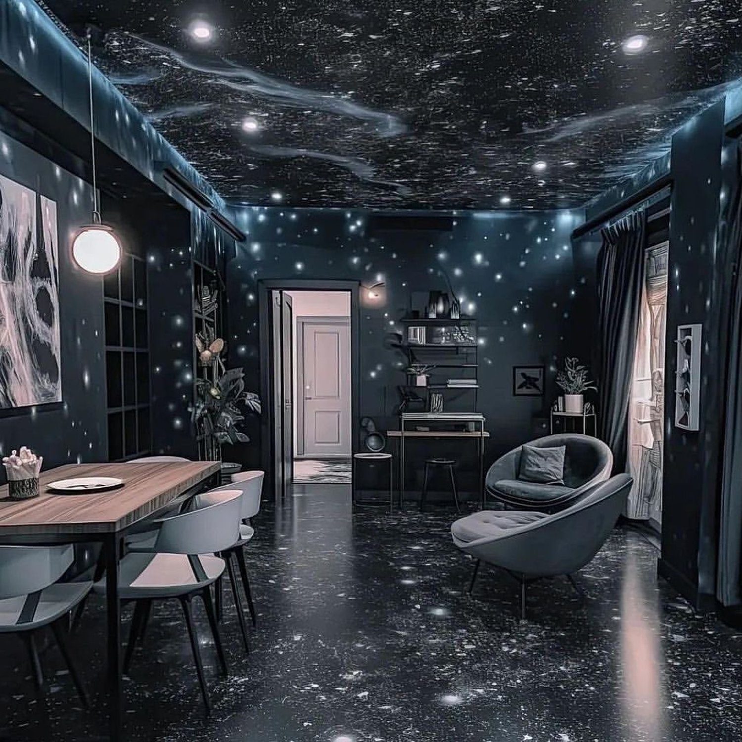 A uniquely designed room with a cosmos-themed ceiling, dark walls, and modern furniture