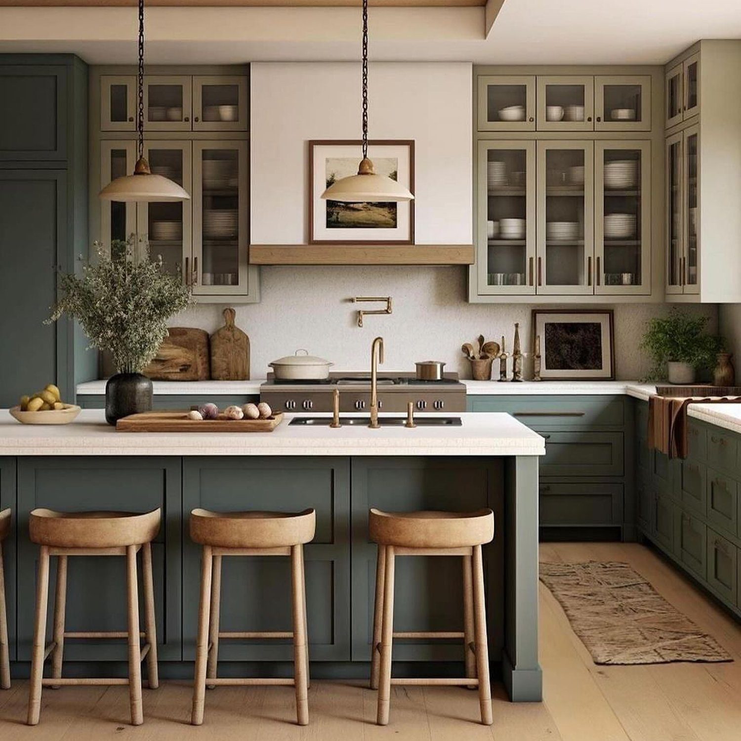 A chic, cozy kitchen space with muted green cabinetry and natural wood accents.