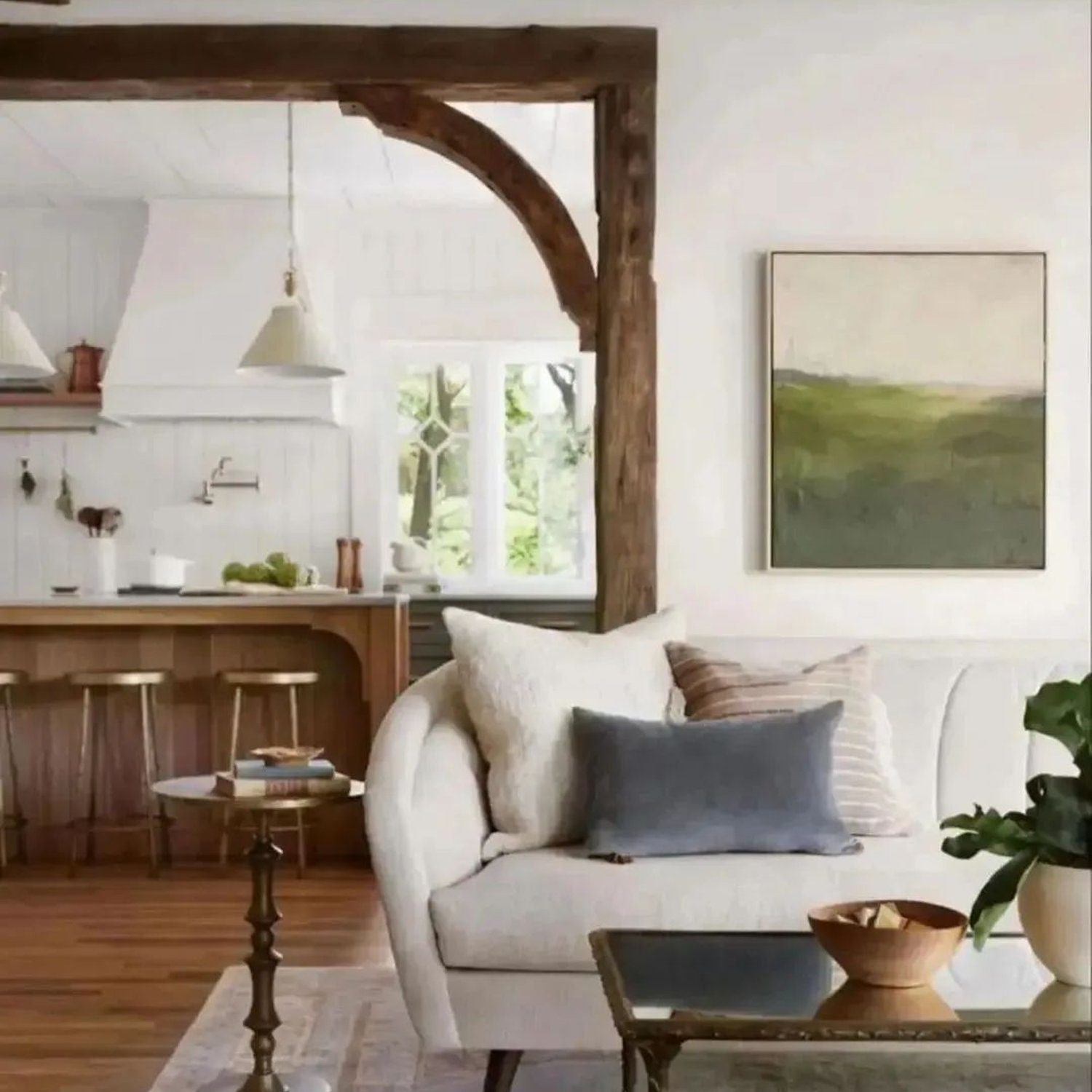 Cozy and Elegant Living Room with Rustic Wooden Beams