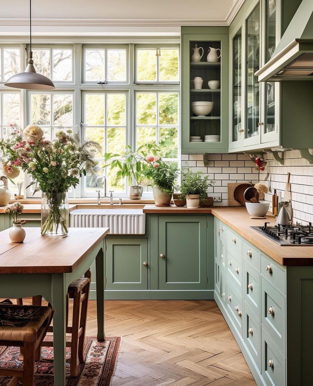 A serene kitchen setting with abundant natural light, green cabinetry, and a wooden countertop.