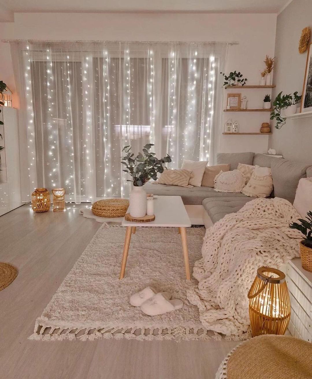 Cozy living room with twinkling fairy lights