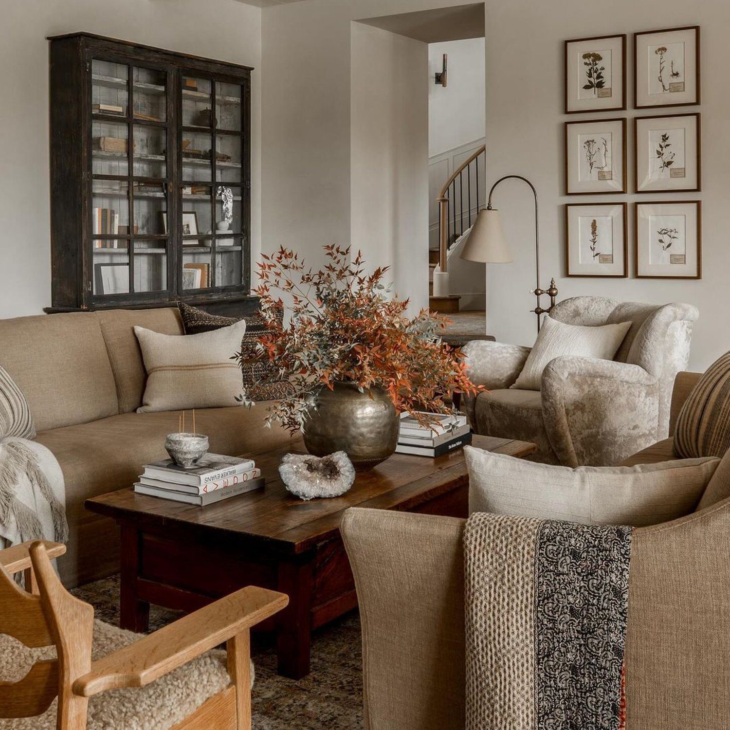 Cozy living room with neutral tones and rustic decor