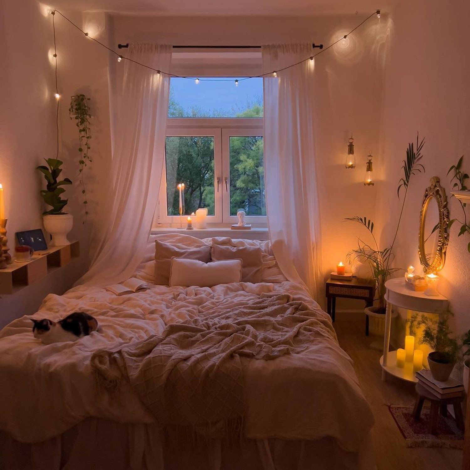 A serene bedroom with gentle lighting and a cozy ambiance