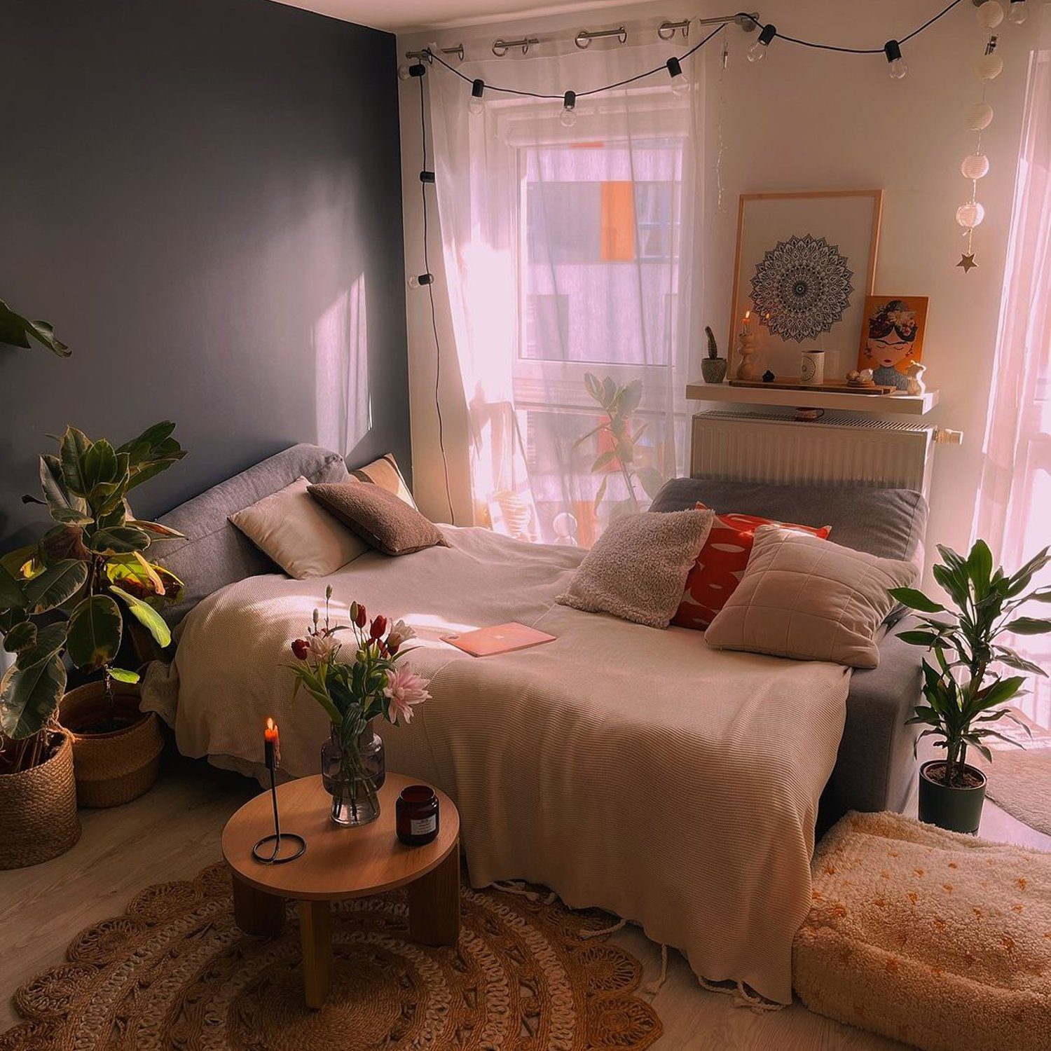 Cozy and stylish bedroom with a warm, bohemian aesthetic