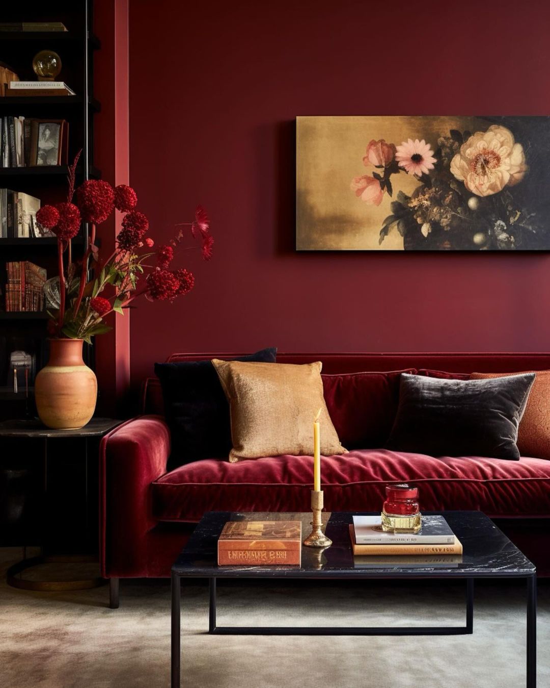 Richly toned living room with a luxurious velvet sofa