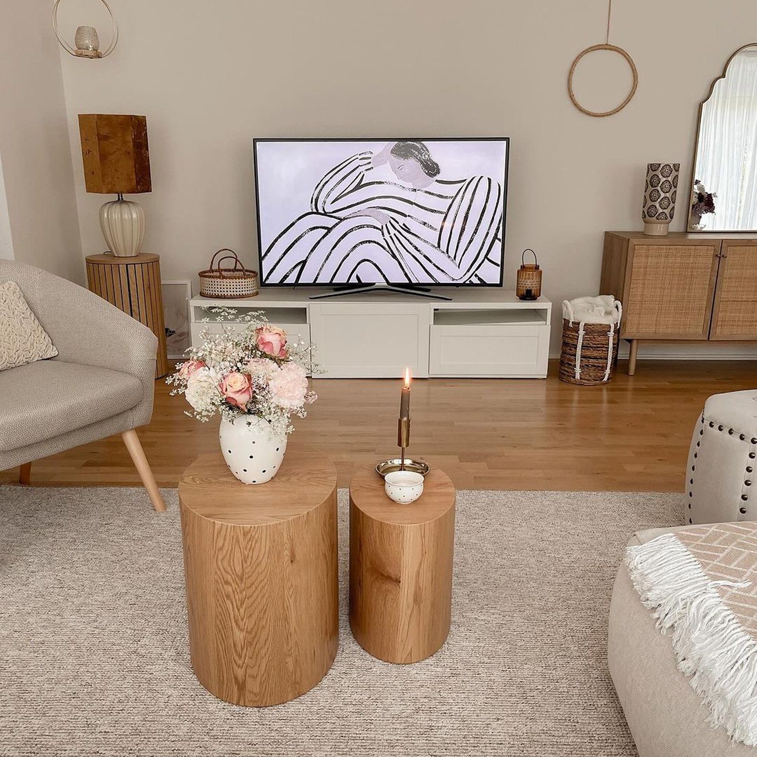 A neatly organized living room with modern decor