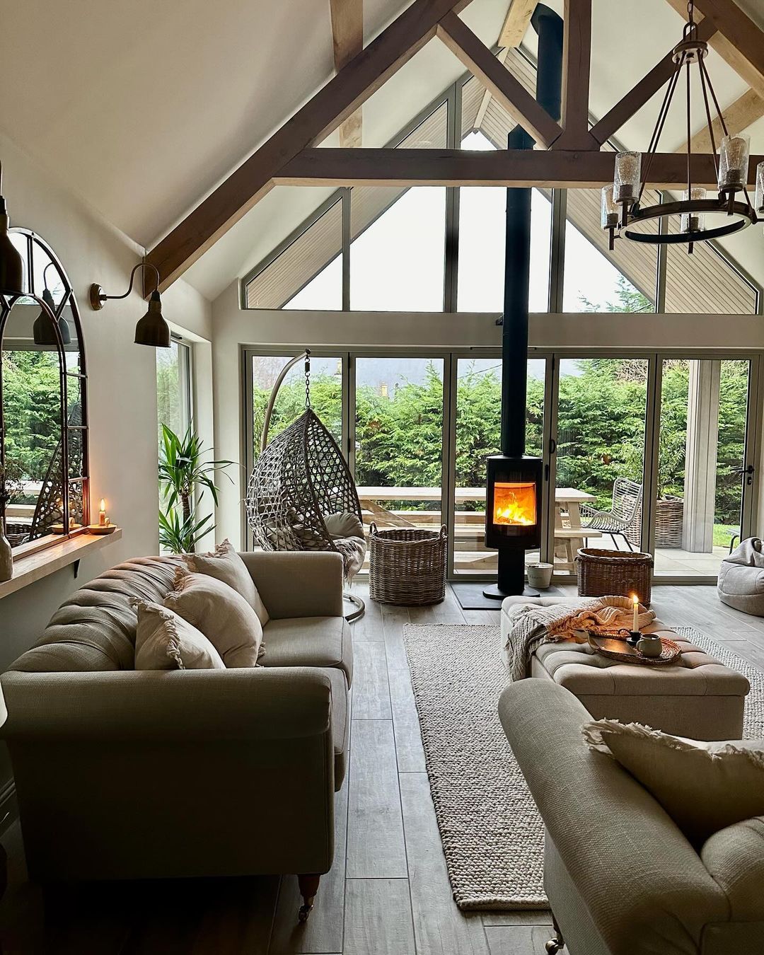 Cozy and stylish living room with a wood stove