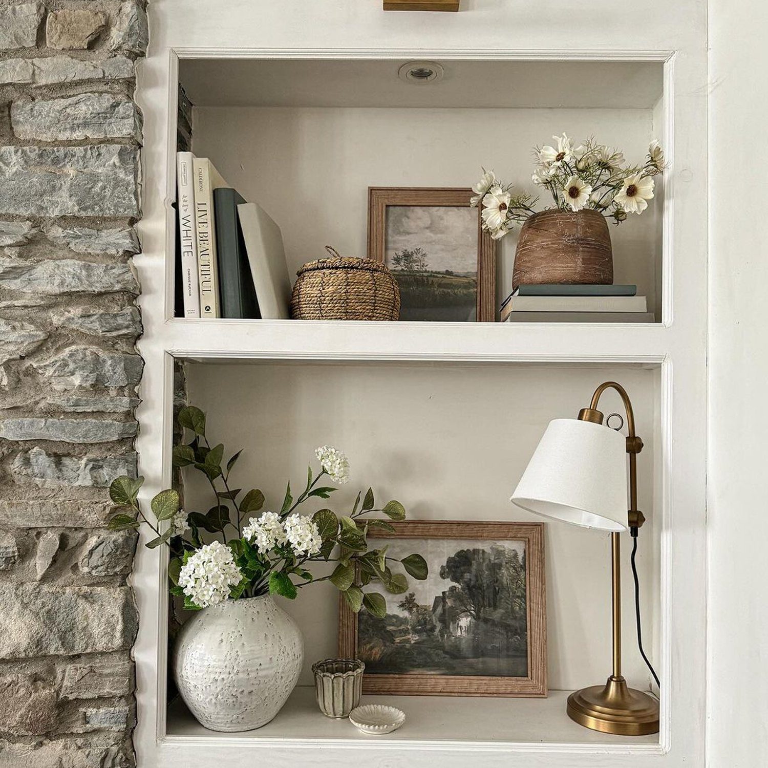 Cozy and stylish nook with a built-in shelf and natural elements