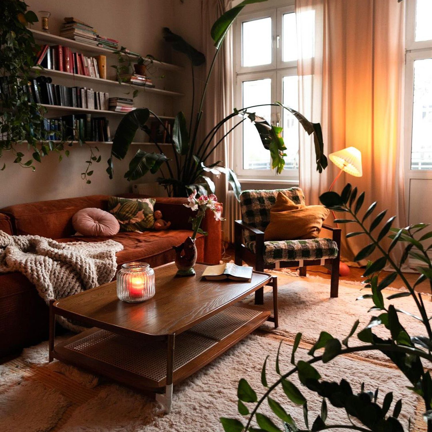 Cozy living room with abundant greenery